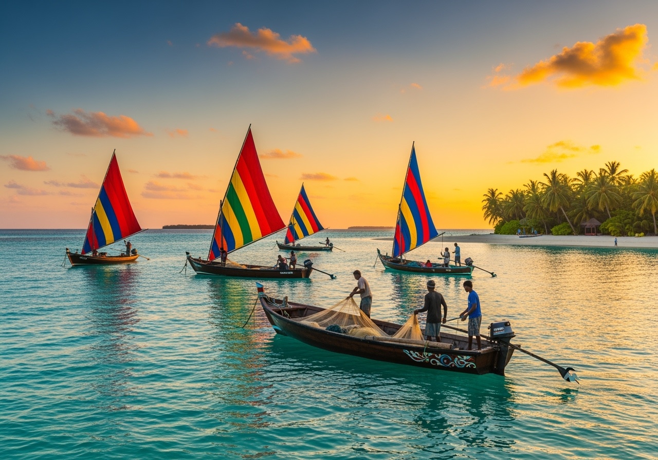 Traditional Maldivian dhoni boats at sunset