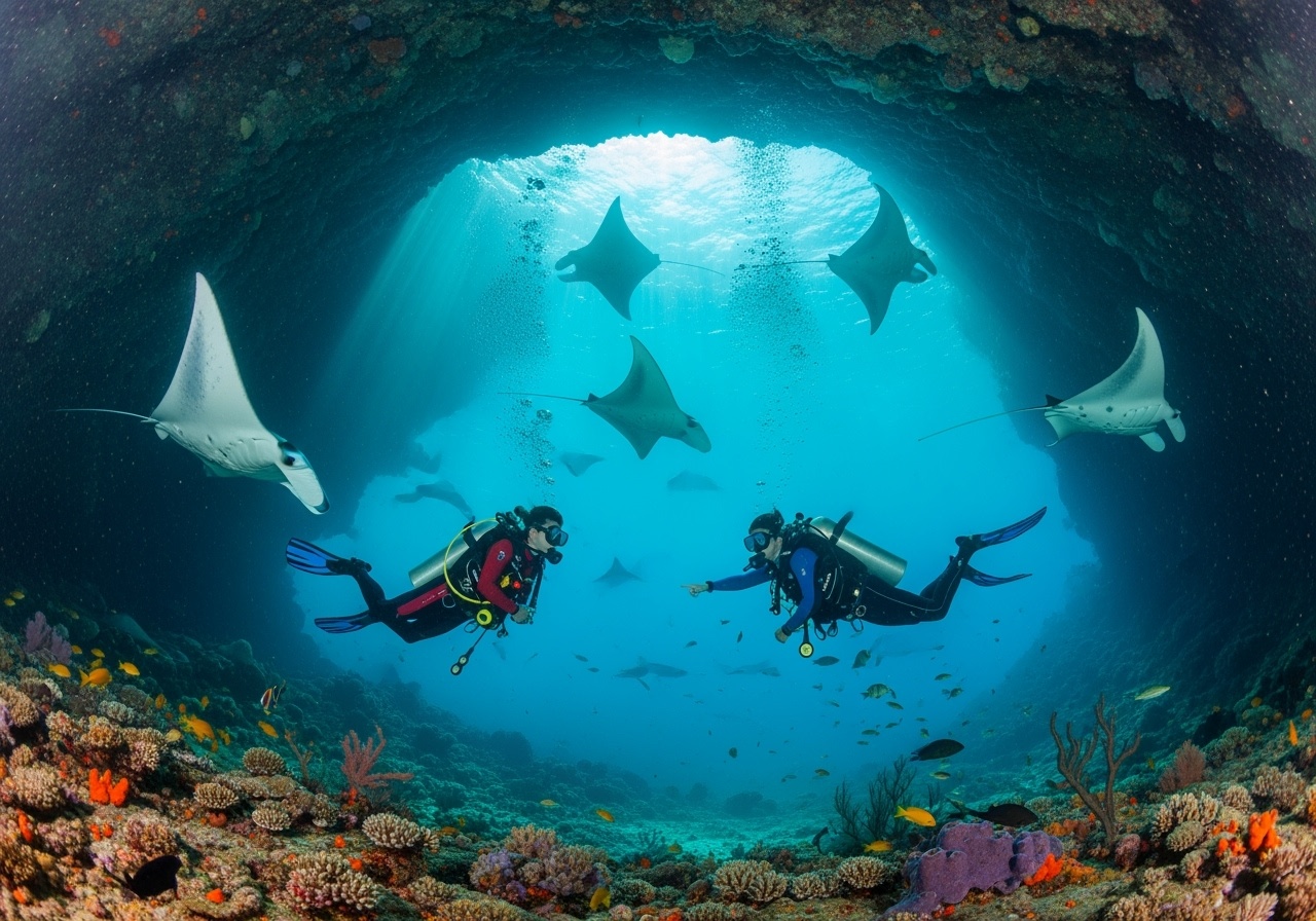 Scuba divers exploring underwater cave with manta rays