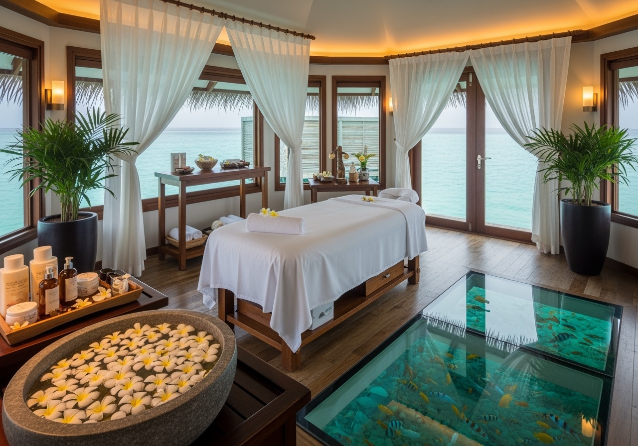 Luxury spa treatment room over water