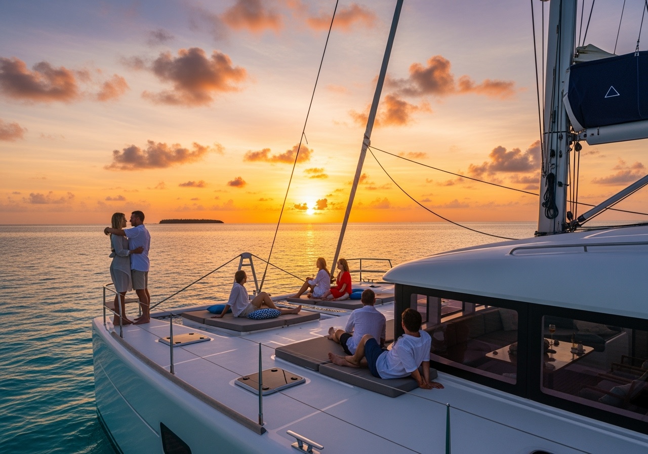 Luxury catamaran at sunset in Maldives
